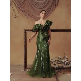 [Elegant Mermaid Gown] Form-Fitting Mermaid Gown | Elegant Deep V-Neck Sequin Evening Dress with Ruffle Sleeves and Geometric Pattern, Perfect for Weddings and Formal Events