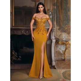 [Elegant Sequin Gown] Glamorous Elegant Off-Shoulder Sequin Gown for Women | Bodycon Mermaid Tail with High Slit, Long Formal Party Dress for Weddings, Galas & Evening Events, Solid Color Evening Wear