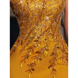 [Elegant Sequin Gown] Glamorous Elegant Off-Shoulder Sequin Gown for Women | Bodycon Mermaid Tail with High Slit, Long Formal Party Dress for Weddings, Galas & Evening Events, Solid Color Evening Wear