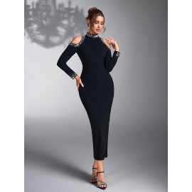 Elegant Off-Shoulder Bridesmaid Dress with Pearl Embellishments - Long Sleeve, Form-Fitting, Solid Black Wedding Evening Gown for Women, Bridesmaid Dress