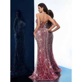 [Elegant Dress] Elegant Sleeveless Formal Dinner Dress | Champagne Halterneck Fishtail for Women - Sparkling Sequins, Mermaid Silhouette, Perfect for Galas & Weddings, Sophisticated Style, Intricate Embellishments