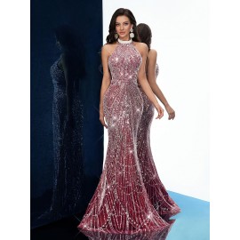 [Elegant Dress] Elegant Sleeveless Formal Dinner Dress | Champagne Halterneck Fishtail for Women - Sparkling Sequins, Mermaid Silhouette, Perfect for Galas & Weddings, Sophisticated Style, Intricate Embellishments