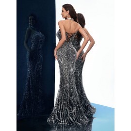 [Elegant Dress] Elegant Sleeveless Formal Dinner Dress | Champagne Halterneck Fishtail for Women - Sparkling Sequins, Mermaid Silhouette, Perfect for Galas & Weddings, Sophisticated Style, Intricate Embellishments