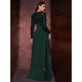 [Sequin Formal Dress] Elegant Sequin V-Neck Long Sleeve A-Line Dress | Women's Floor-Length Formal Party Gala Evening Gown with Waist-Cinching & High Slit