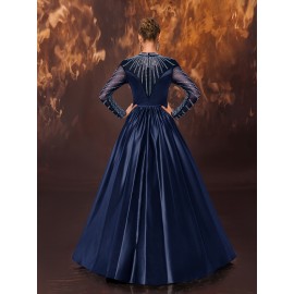 Women's Elegant Black Evening Gown - Satin & Mesh Cocktail Dress with Stand-Up Collar, Rhinestone Embellishments, Fitted Silhouette & Micro-Stretch Fabric for Galas, Weddings, Formal Parties