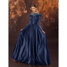 Women's Elegant Black Evening Gown - Satin & Mesh Cocktail Dress with Stand-Up Collar, Rhinestone Embellishments, Fitted Silhouette & Micro-Stretch Fabric for Galas, Weddings, Formal Parties