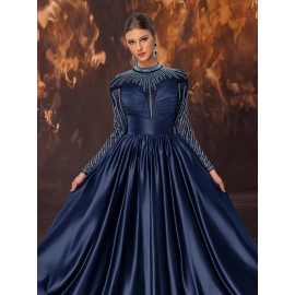 Women's Elegant Black Evening Gown - Satin & Mesh Cocktail Dress with Stand-Up Collar, Rhinestone Embellishments, Fitted Silhouette & Micro-Stretch Fabric for Galas, Weddings, Formal Parties