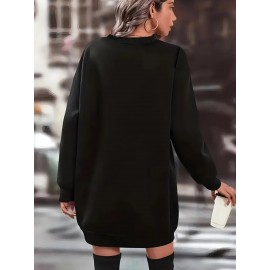 Women'S Casual White Letter Print Sweater Dress - Long Sleeve, Crew Neck, Loose Fit, Machine Washable, Perfect for Fall/Winter, Cozy Pullover Style, Casual Winter Wear | Relaxed Fit Dress | Machine Washable Fabric, Cute Sweaters