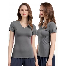 Women'S V-Neck T-Shirt with Left Chest & Sleeve Logo Print, Customizable Personal Design, Soft Breathable Stretch Fabric for Comfortable Movement - Perfect for, Casual Wear, Yoga, Dance & Sports Teams, Comfortable Fit, Durable Construction