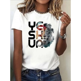 Women'S Casual Short Sleeve T-Shirt with Lion Graphic Design - 