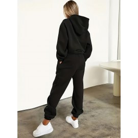 Cozy Fleece-Lined Women's Hoodie & Jogger Set - Cute Bear Print, Drawstring, Long Sleeves - Casual Fall/Winter Ensemble in Black