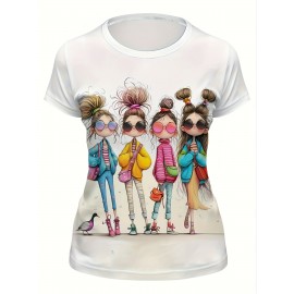Women'S Casual Crew Neck T-Shirt with Vibrant Four Print, Short Sleeve, Polyester, All-Season Fashion, Casual Attire | Playful Print Tee | Stretchy