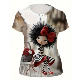 Women'S Casual T-Shirt with Vibrant Comic Art Print - Soft, Comfortable Round Neck Tee with Red Bow & Floral Basket Design, Perfect Gift for Casual Attire, Ladies T Shirts