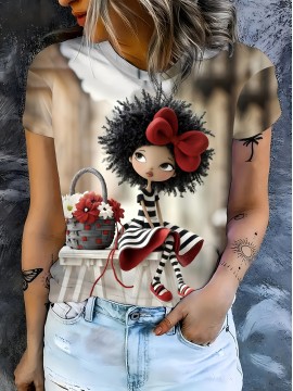 Women'S Casual T-Shirt with Vibrant Comic Art Print - Soft, Comfortable Round Neck Tee with Red Bow & Floral Basket Design, Perfect Gift for Casual Attire, Ladies T Shirts