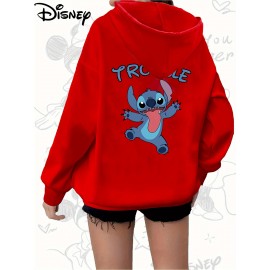 Disney Stitch TROUBLE Women'S Casual Zip-Up Hoodie - Front Zipper Design, Pink Cartoon Print, Cozy Fall/Winter Jacket with Hood, Cute Hoodies