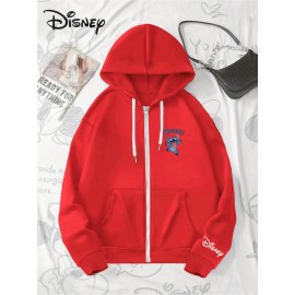 Disney Stitch TROUBLE Women'S Casual Zip-Up Hoodie - Front Zipper Design, Pink Cartoon Print, Cozy Fall/Winter Jacket with Hood, Cute Hoodies