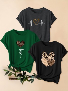 [Summer T-Shirt] 3pcs Set Plus Size Women's Short Sleeve T-Shirt | Collared Hemline Summer New Leopard Print Heart Pattern Top