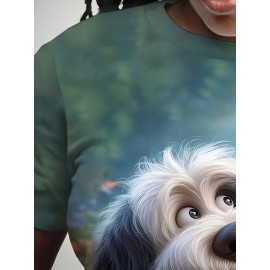 A cute dog-printed T-shirt for plus-size ladies, an elegant round-neck short-sleeved top with a cute cartoon dog design, and soft fabric, is very suitable for casual wear