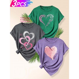 [Cute Heart T-Shirts] 3pcs Women's Heart Graphic T-Shirts | Casual Crew Neck Short Sleeve Tops with 