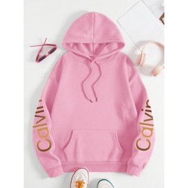 Women'S Calvin Graphic Hoodie - Black with Golden Lettering, Cozy Fall/Winter Pullover Sweatshirt, Hooded Sweatshirt for Everyday & Formal Outfits, Casual Wear, Trendy Design, Comfortable Fit, Stylish Hoodie, Fashion Lovers