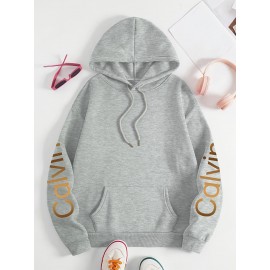 Women'S Calvin Graphic Hoodie - Black with Golden Lettering, Cozy Fall/Winter Pullover Sweatshirt, Hooded Sweatshirt for Everyday & Formal Outfits, Casual Wear, Trendy Design, Comfortable Fit, Stylish Hoodie, Fashion Lovers