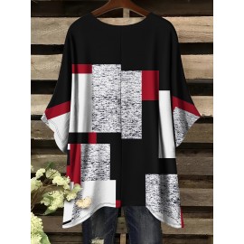 Plus Size - Women'S Plus Size Geometric Print T-Shirt - Casual Crew Neck, Short Sleeve, Asymmetrical Hem, Black & White Design with Red Accents, Comfortable Summer Top, Ladies T Shirts