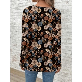 Plus Size, Plus Size Women's Elegant V-Neck Long Sleeve Blouse - Brown/Beige/Taupe Floral Print Tunic Top, Wrinkle-Resistant & Machine Washable, Loose Fit for Jeans or Dresses (Casual to Formal) - Spring Summer Fall Wardrobe Staple