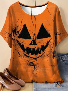 Plus Size, Women's Halloween Pumpkin Face T-Shirt - Purple & Black Spooky Graphic Tee, Plus Size Round Neck Short Sleeve Top for Halloween Party Outfits, Everyday Casual Wear - Machine Washable Costume Apparel, Halloween Clothes