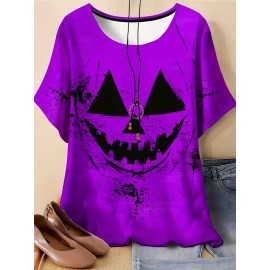 Plus Size, Women's Halloween Pumpkin Face T-Shirt - Purple & Black Spooky Graphic Tee, Plus Size Round Neck Short Sleeve Top for Halloween Party Outfits, Everyday Casual Wear - Machine Washable Costume Apparel, Halloween Clothes