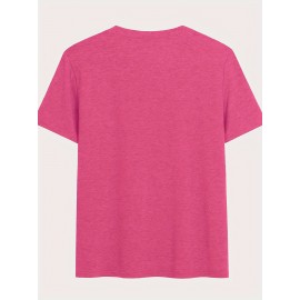 Women'S Casual V-Neck T-Shirt with Alphabet Print, Polyester 60%, Rayon 35%, Spandex 5%, Medium Stretch Knit Fabric, Regular Length, for Spring/Summer/Fall - 180g/m²