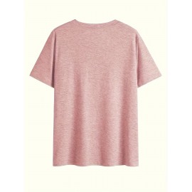 Women'S Casual V-Neck T-Shirt with Alphabet Print, Polyester 60%, Rayon 35%, Spandex 5%, Medium Stretch Knit Fabric, Regular Length, for Spring/Summer/Fall - 180g/m²