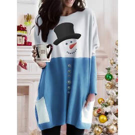 [Christmas Snowman Dress] Cozy Grey Christmas Snowman Print Plus Size Women's Long Sleeve Casual Dress | Machine Washable Winter Outfit for Autumn & Winter, Festive Design, Durable Construction