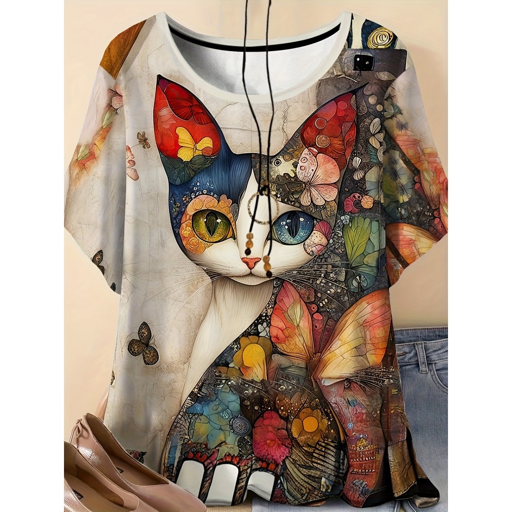 Plus Size - Women'S Plus Size Bohemian Cat & Floral Print T-Shirt - Short Sleeve, Round Neck, Lightweight Polyester, Casual Vacation Style, Black with Colorful Butterflies & Flowers Design, Vacation Clothing | Bohemian Style | Vibrant Print, Cat Shirt