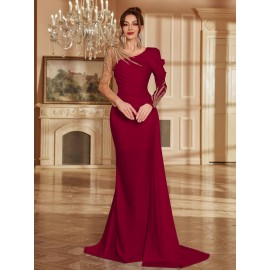 Women's Formal Evening gown - V-Neck Long Formal dress with Zipper back, Elegant Mermaid Party, Wedding, State Gala - Machine Washable Formal Attire in Bright Pink