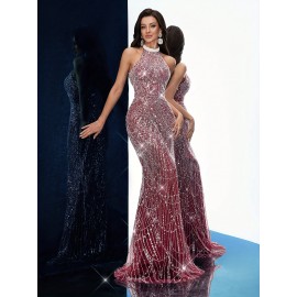 [Elegant Dress] Elegant Sleeveless Formal Dinner Dress | Champagne Halterneck Fishtail for Women - Sparkling Sequins, Mermaid Silhouette, Perfect for Galas & Weddings, Sophisticated Style, Intricate Embellishments