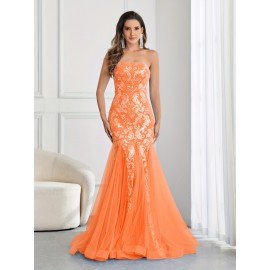 Stunning Sequined Mermaid Wedding Dress - Elegant Sleeveless Mesh Tube Gown for Party, Banquet, Engagement Ceremony, Wedding Occasion - Women's Formal Clothing for Special Events