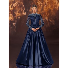 Women's Elegant Black Evening Gown - Satin & Mesh Cocktail Dress with Stand-Up Collar, Rhinestone Embellishments, Fitted Silhouette & Micro-Stretch Fabric for Galas, Weddings, Formal Parties