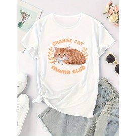 Women's Casual Short Sleeve T-Shirt - Cute Orange Cat & Mama Club Graphic Print, Soft Stretch Round Neck Tee, Machine Washable All-Season Comfort Top, Ladies T Shirts, Relaxed Style, Playful Design, Breathable Tee, Printed Shirt, Moms Outfit