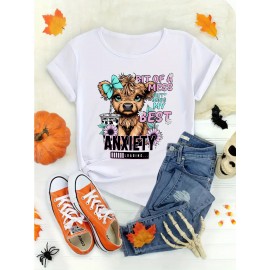Women's Cute Cartoon Cow Print T-Shirt, Round Neck Short Sleeve Fashion Sports Tee, Comfortable Casual Top, Knitted Polyester Fabric, Romantic Style, All Seasons, Ladies Leisure Sportswear