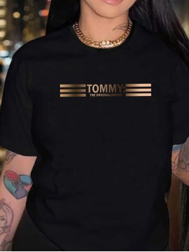 1pc Gradient Three-Stripe TOMMY Printed Women'S Summer Casual Sports T-Shirt Pullover Made of Comfortable And Smooth Polyester And Spandex Short-Sleeve Top.