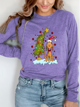 Women'S Christmas Puppy & Tree Graphic Long Sleeve T-Shirt - Soft Breathable Fabric, Stretchy Comfort Fit, Round Neck Casual Holiday Top for All Seasons, Sizes S-XXL, Christmas Shirts, Allseason Apparel, Playful Design, Durable Print