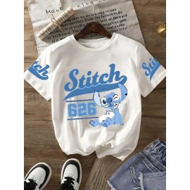 Stitch Graphic Print T-Shirt - Casual & Comfortable Crew Neck with Double Shoulder Straps, Breathable Summer Essential, Red with Blue Stitch Design, Perfect for Parties & Casual Attire, Casual Summer Top | Playful Print Tee | Comfortable Fit