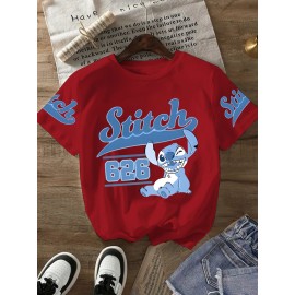 Stitch Graphic Print T-Shirt - Casual & Comfortable Crew Neck with Double Shoulder Straps, Breathable Summer Essential, Red with Blue Stitch Design, Perfect for Parties & Casual Attire, Casual Summer Top | Playful Print Tee | Comfortable Fit