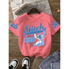 Stitch Graphic Print T-Shirt - Casual & Comfortable Crew Neck with Double Shoulder Straps, Breathable Summer Essential, Red with Blue Stitch Design, Perfect for Parties & Casual Attire, Casual Summer Top | Playful Print Tee | Comfortable Fit