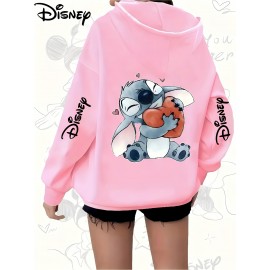 Plus Size Stitch Graphic Hoodie - Cute Cartoon Print with Hearts & Stars, Zip-Up Pullover with Pockets, Machine Washable, Black & Pink, Perfect for Casual Wear, Parties, and Holidays, Casual Wear Hoodie | Playful Design | Stretchy Fabric, Disney Shirts