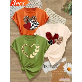 3pcs Women'S Casual Short Sleeve T-Shirts with Leopard Print & Heart Design - Loose Fit, Round Neck, Medium Stretch, All-Season Comfort, Available in 1XL-5XL Sizes, Leopard Print T Shirt, Vacation Clothing, Trendy Fashion, Comfortable Fit