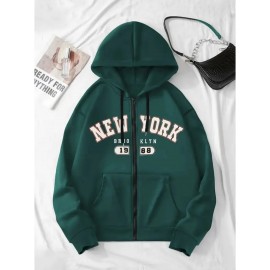 [Plus Size NY Hoodie] Plus Size Women's Light Pink NY Print Hoodie | Comfortable Long Sleeve Zip-Up with Drawstrings, Machine Washable 100% Polyester, Casual Sporty Style