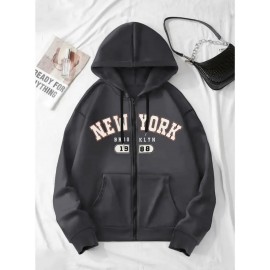 [Plus Size NY Hoodie] Plus Size Women's Light Pink NY Print Hoodie | Comfortable Long Sleeve Zip-Up with Drawstrings, Machine Washable 100% Polyester, Casual Sporty Style