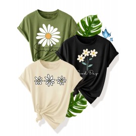 3pcs Floral Print Women'S Casual T-Shirt Set - Black, Red, Beige with Daisy & Sun Design, Short Sleeve, Round Neck, Perfect for Summer, Beach, and Sporty Style, Beach Wear | Floral Print Tee | Comfortable Fit, Ladies T Shirts