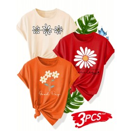 3pcs Floral Print Women'S Casual T-Shirt Set - Black, Red, Beige with Daisy & Sun Design, Short Sleeve, Round Neck, Perfect for Summer, Beach, and Sporty Style, Beach Wear | Floral Print Tee | Comfortable Fit, Ladies T Shirts
